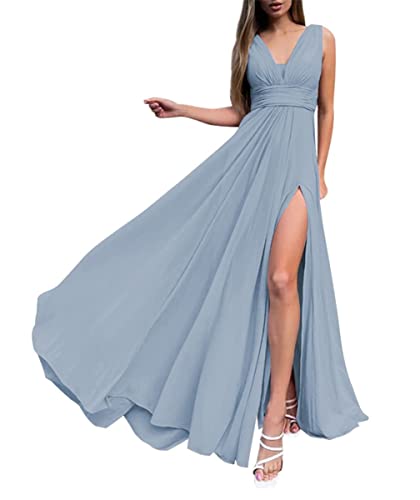 WSEYU V-Ausschnitt Gästekleider für Junioren Ärmellos Chiffon A-Linie Hoher Split Spaghettiträger 2023 Formal Prom Kleid, dusty blue, 36