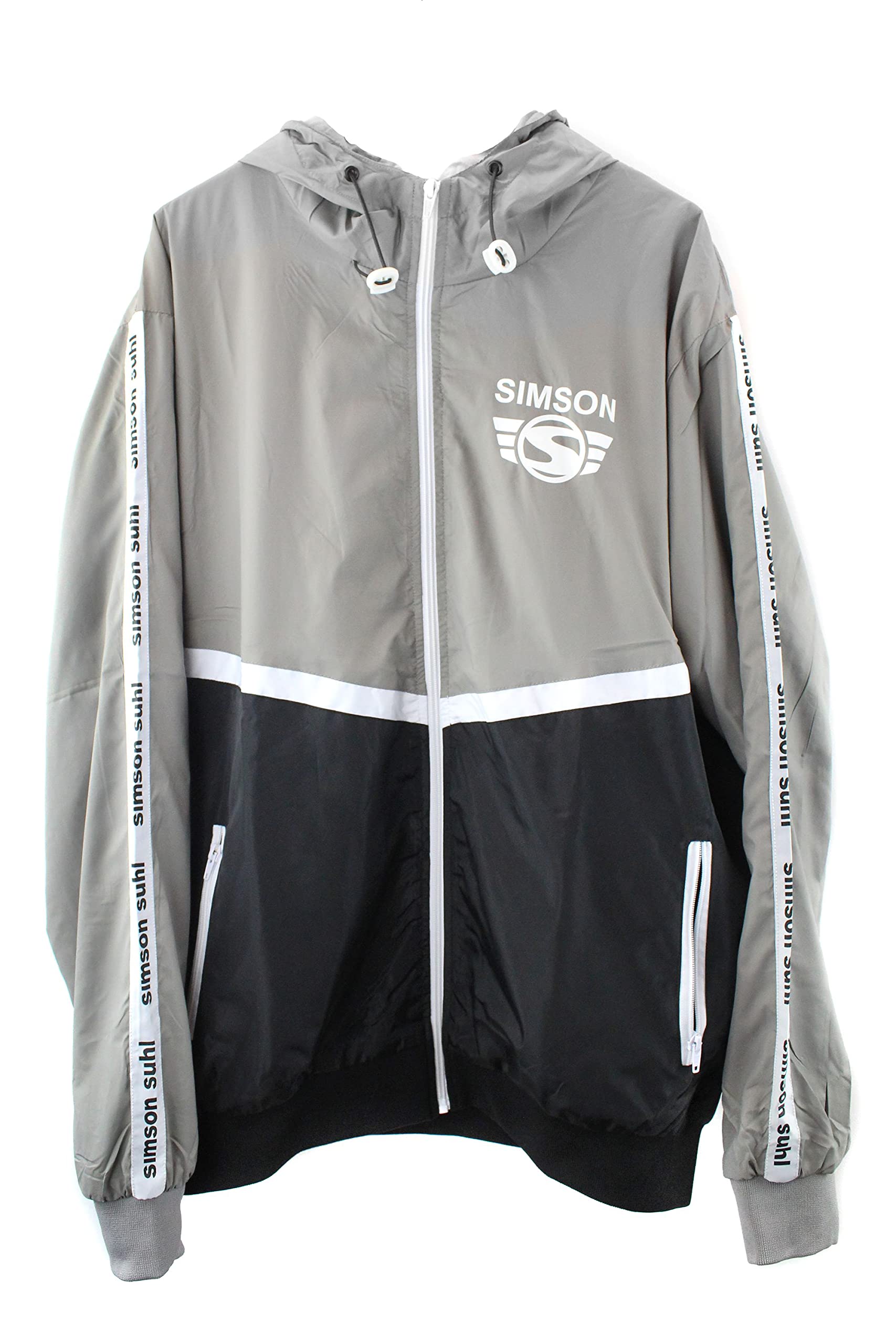 MZA Jacke Windbreaker Simson Suhl, Logo auf Ärmeln und Brust, Kapuze, Farben grau, schwarz und weiß, Größen XS-XXXL, Größe:M