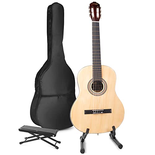 MAX SoloArt akustische Gitarre mit Tasche, Fußstütze und Gitarrrenständer, Stimmgerät, Plektrum, Gurt und Zubehör - Spanische Akustik-Gitarre für Anfänger, Konzertgitarre in Holz-Natur