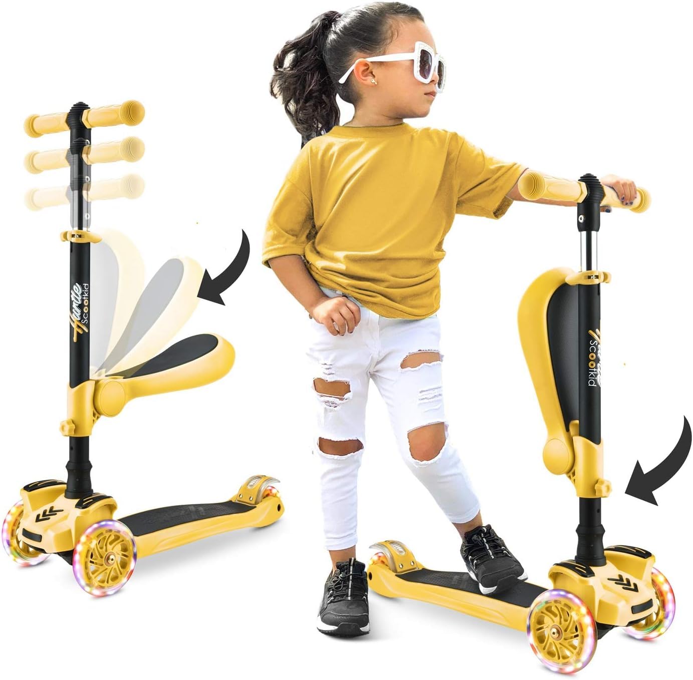 3-Rad-Roller für Kinder - Stand & Cruise Kinder/Kleinkind-Spielzeug-Klapp-Kick-Roller mit/Einstellbarer Höhe, rutschfestem Deck, blinkenden Radlichtern, für Jungen/Mädchen zwischen 2 und 12 Jahren