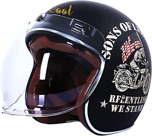 Vintage Motorrad-Helm Jet-Helm · 3/4 Halbhelme Roller-Helm Scooter-Helm Moped Mofa-Helm Chopper Helmet · DOT ECE Zulassung Mit Visier Offenem Gesicht Helm (Color : A, Größe : L=57-58cm)