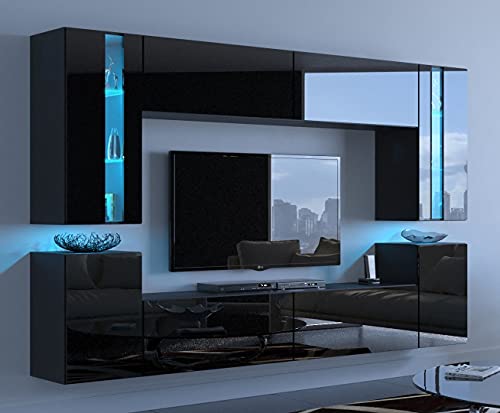 Furnitech Modernes Wohnzimmer Wohnwand Wohnschrank Schrankwand Mediawand Möbel (LED blau, 24/HG/B/1 1B groß)