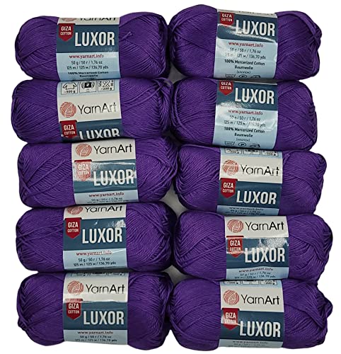 10 x 50 Gramm Yarnart Luxor 100% merzerisierte Giza Baumwolle , 500 Gramm Wolle aus 100% veredelte Baumwolle, Strickwolle einfarbig (lila 1220)