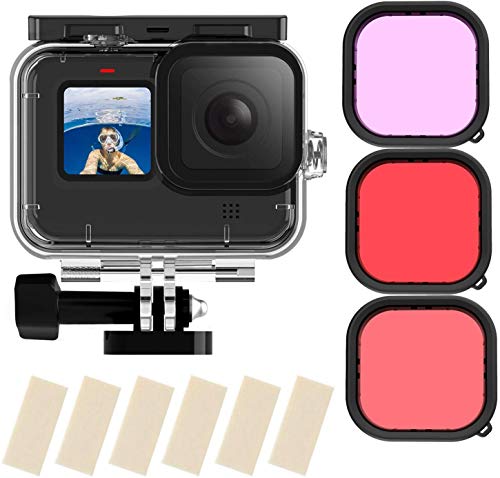 TELESIN Wasserdichte Schutzhülle Zubehör-Set für GoPro Hero 10/9 Unterwasser-Taucherabdeckung, mit wasserdichtem Gehäuse + 3 Rotfilter + 6 Anti-Beschlag-Einsätze, Tauchzubehör (Tasche mit 3 Filtern)