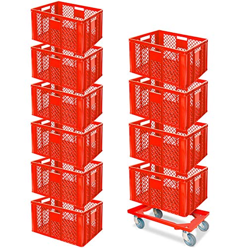 10er SPAR-Set Euro-Stapelbehälter PLUS GRATIS Transportroller, 600x400x320 mm Industriequalität lebensmittelecht rot