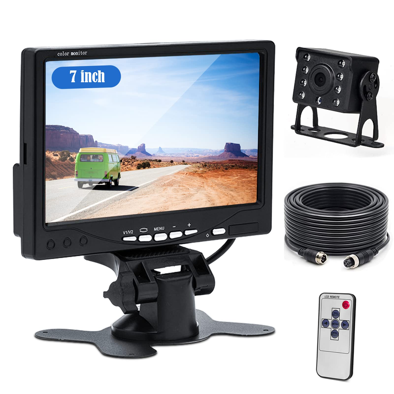 Camecho Rückfahrkamera Kabel Set mit 7 "TFT LCD-Monitor, IP68 wasserdichte Nachtsicht 170° Rückfahrkamera verdrahtet System Kit für Bus/Trailer/LKW Van/RV/Camper（12-24 Volt ）