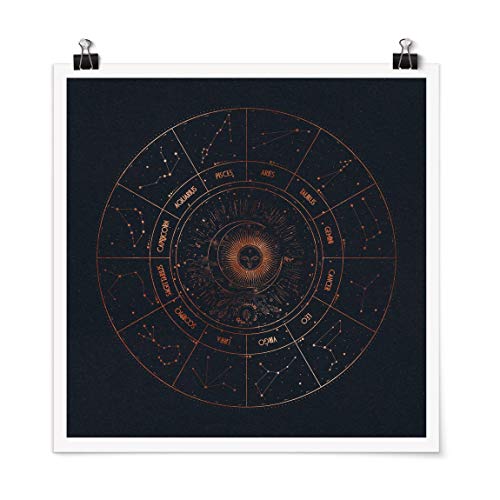 Bilderwelten Poster Astrologie Die 12 Sternzeichen Blau Gold Glänzend 50x50cm