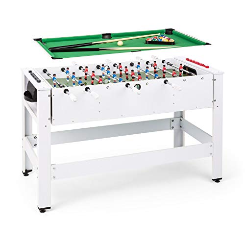 Klarfit Spin 2-in-1 Multifunktionstisch, Billardtisch 105 x 58 cm/grüne Bespannung, Tischkicker inklusive Spielzubehör, Spin-Funktion: drehbarer Tischl, weiß