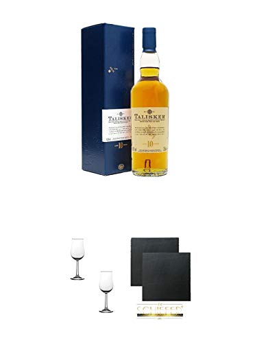 Talisker 10 Jahre Single Malt Whisky 0,2 Liter + Nosing Gläser Kelchglas Bugatti mit Eichstrich 2cl und 4cl - 2 Stück + Schiefer Glasuntersetzer eckig ca. 9,5 cm Ø 2 Stück