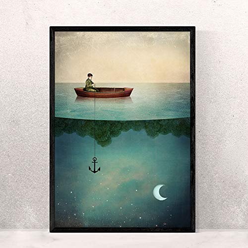 Hochwertiger Kunstdruck, Poster, Print - Brillante Farben - Künstler Catrin Welz-Stein A2, 420 mm x 594 mm Junge in Boot, Angeln, Print Dreamland