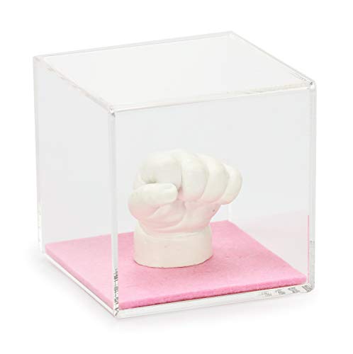Lucky Hands® 3D-Abformset ohne Zubehör mit Acrylglaswürfel oder Vitrine | Handabdruck, Gipsabdruck (mit Acrylglaswürfel 8,5 x 8,5 cm & Filzboden Rosa, ohne Beschriftung)