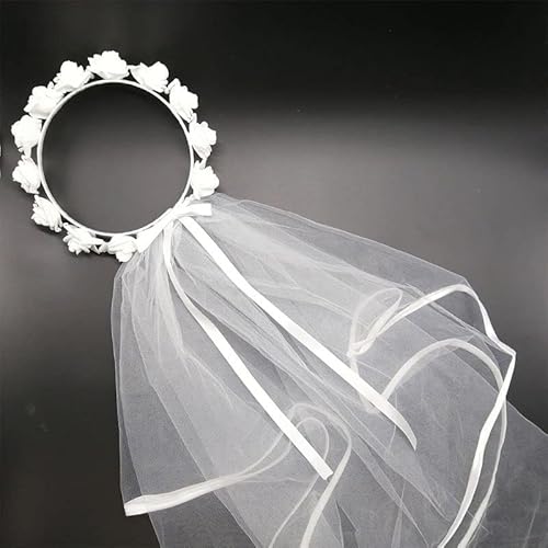 Kurze Brautbrautschleier, weiße künstliche Blume, Kranz, Stirnband, Krone, verstellbar, Schnürband, Partyzubehör die Party