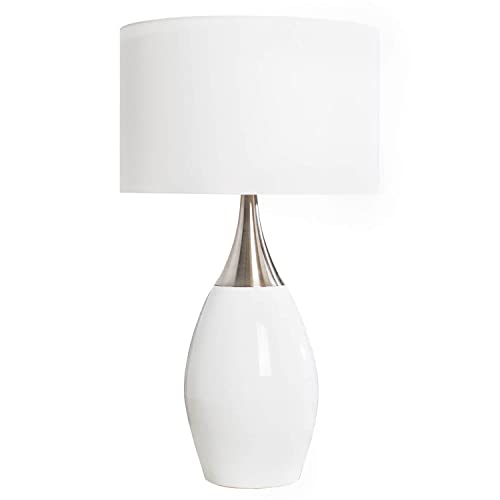 Licht-Erlebnisse Tisch Lampe Weiß Silber Designerleuchte 60cm Klassisch elegant Metall Leinen Wohnzimmer Beistelltisch