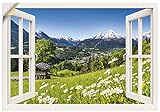 ARTland Wandbild selbstklebend Vinylfolie 70x50 cm Fensterblick Fenster Alpen Landschaft Berge Wald Gebirge Wiese Natur T5TQ