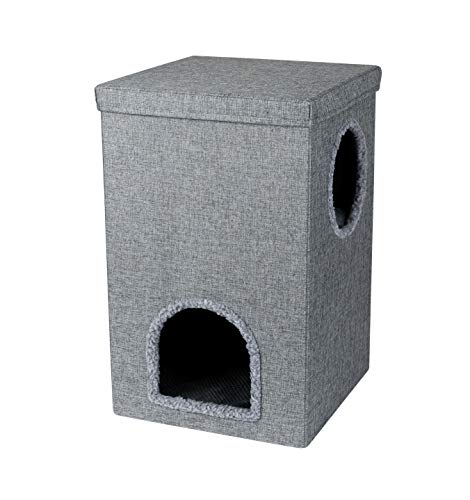 Wouapy – Katzenbox La Donjon – Spiel- und Ruheplatz aus meliertem Stoff – Versteck für die Katze ruhig – Katzenbox mit Etage – Einheitsgröße
