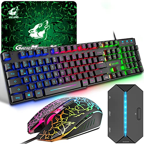 Gaming Tastatur und Maus Set mit Adapter, QWERTZ German Layout Farbbeleuchtung Keyboard 6 Tasten 2400 DPI Maus und Mauspad, USB Verkabelt Ergonomische Design Kompatibel mit PS4 Xbox Switch, Schwarz