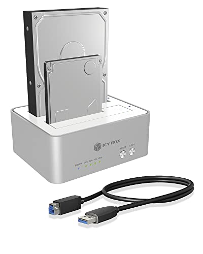 Icy Box IB-120CL-U3 2-fach Dockingstation für 2,5" (6,35 cm) und 3,5" (8,9 cm) SATA HDD/SSD mit USB 3.0, Klonfunktion und JBOD (silber/weiß)