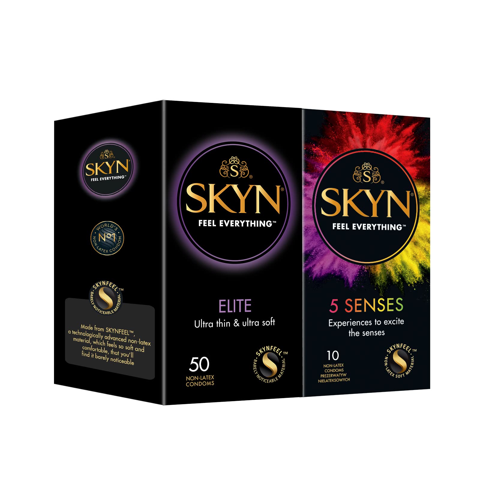 SKYN Elite Kondome (50 Stück) & 5 Senses Kondome (10 Stück) Latexfreie, verendbar mit unser Lube