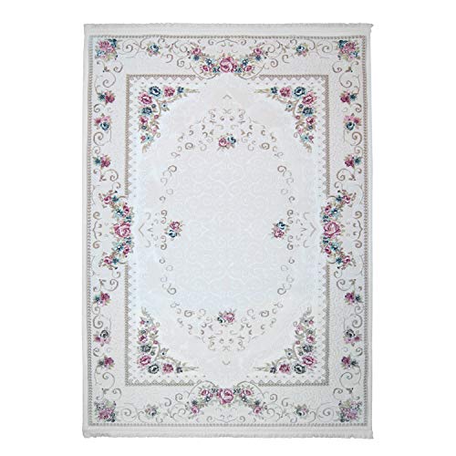 carpet city Acryl-Teppich Gewebt Hochwertig mit Klassischen Design aus Ornamenten, Floralen Verzierungen/Blumen in Creme, Rosa, Blau Größe 80/150 cm