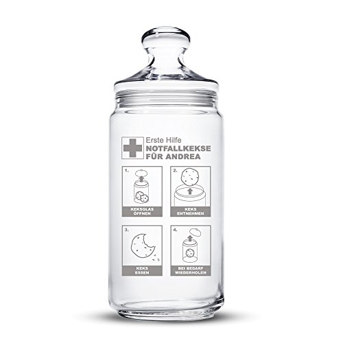 Casa Vivente Keksglas mit Gravur und Deckel - Notfallkekse - Personalisiert mit [Namen] - Keksdose - Vorratsglas - Aufbewahrungsglas - Geschenkidee zum Geburtstag - Geschenke für Frauen und Männer