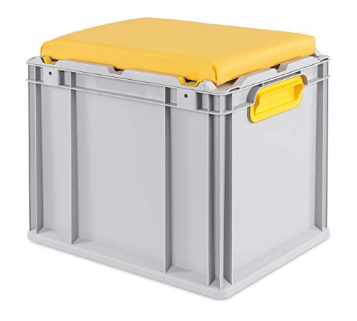 aidB Eurobox Seat Box, gelb, (400x300x365 mm), Griffe geschlossen, Sitzbox mit Stauraum und abnehmbarem Kissen