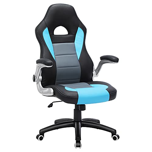 SONGMICS Gamingstuhl, Racing Chair, Schreibtischstuhl mit hoher Rückenlehne, Bürostuhl, höhenverstellbar, hochklappbare Armlehnen, Wippfunktion, für Gamer, schwarz-grau-blau, OBG28BU