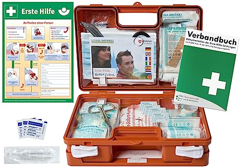 Erste-Hilfe-Koffer BG -Paket 2- mit"Aushang 1-Hilfe" & Verbandbuch für Betriebe DIN 13157 EN 13157 + DIN 13164 für KFZ - incl. Haut + Wundreinigung