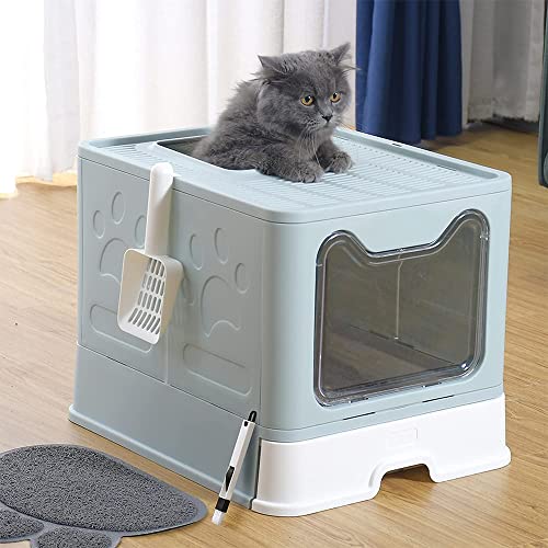 OHMG Katzenklo, Katzentoilette mit Deckel, Katzenklo inklusive Schaufel, ausziehbares Tablett, 2 Öffnungen, auslaufsicherer Boden