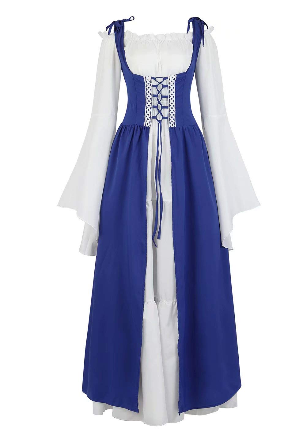 Josamogre Mittelalter Kleidung Damen Kleid renaissance mit Trompetenärmel Party Kostüm bodenlang Vintage Retro costume cosplay Blau L