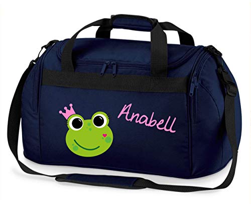 große Sporttasche mit Namen | inkl. Namensdruck | Motiv Frosch-Königin | Stofftasche Reisetasche Umhängetasche für Kinder Mädchen Krone grün rosa schwarz (dunkelblau)