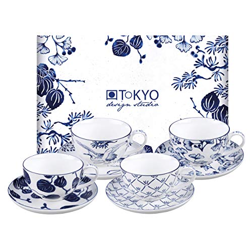 TOKYO Design Studio Flora Japonica 4-er Tassen-Set blau-weiß mit Untertassen, Ø 10 cm, 6,5 cm hoch, 250 ml, asiatisches Porzellan, japanisches Blumen-Design