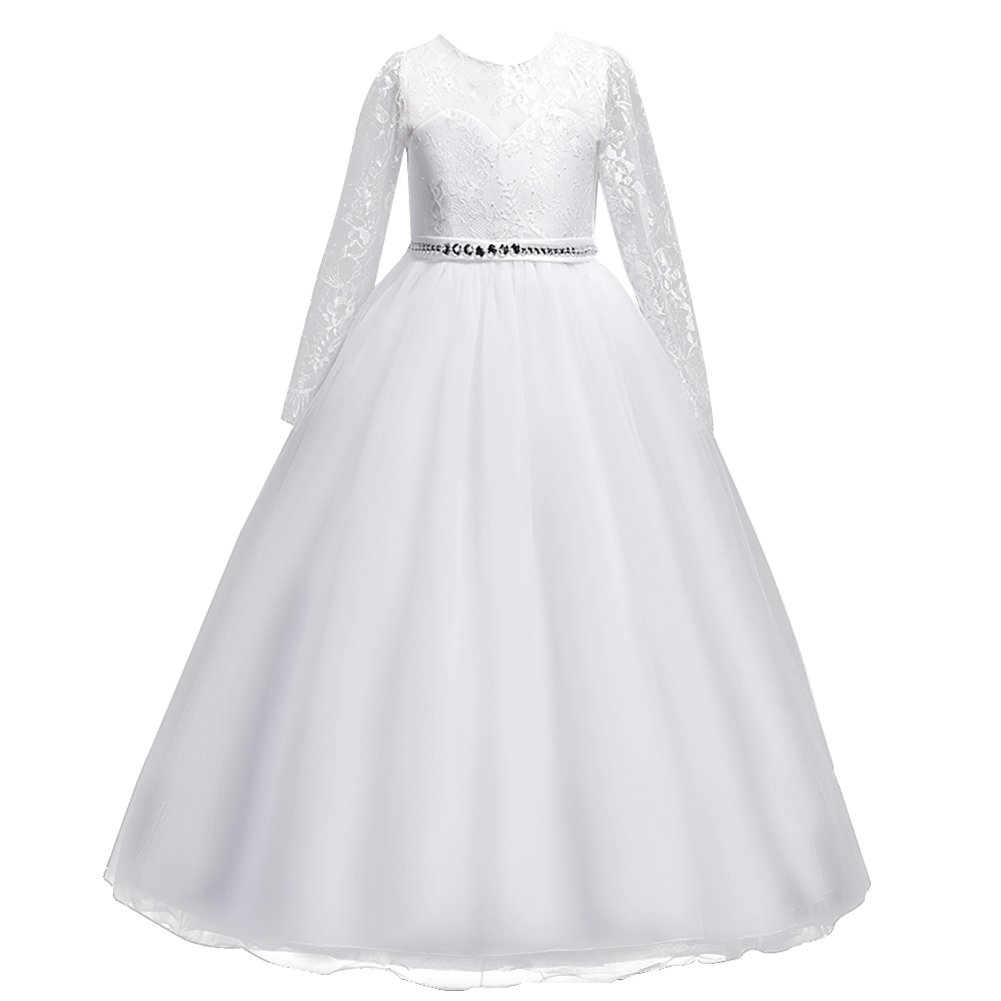 IBTOM CASTLE Festlich Mädchen Kleid für Kinder Sweet Prinzessin Langarm Spitzen Kleider Hochzeit Blumenmädchenkleid weiß 6-7 Jahre