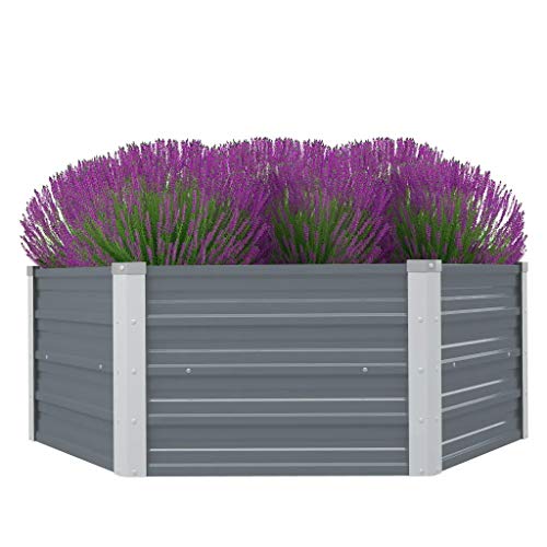 Metall-Hochbeet, sechseckig gewellt Outdoor Garten Pflanzgefäß für Blumen Gemüse verzinkt Stahl grau 129x129x46 cm