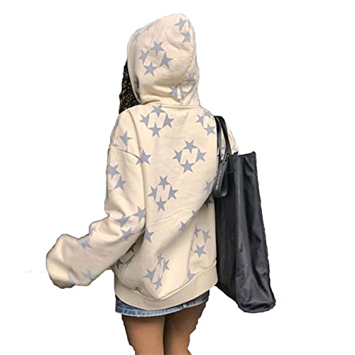 Yokbeer Damen Y2K Zip Up Hoodie Sterne Vintage Jacke Oversized Langarm Sweatshirts Harajuku E-Girl Oberteil Pullover (Color : White, Size : M)