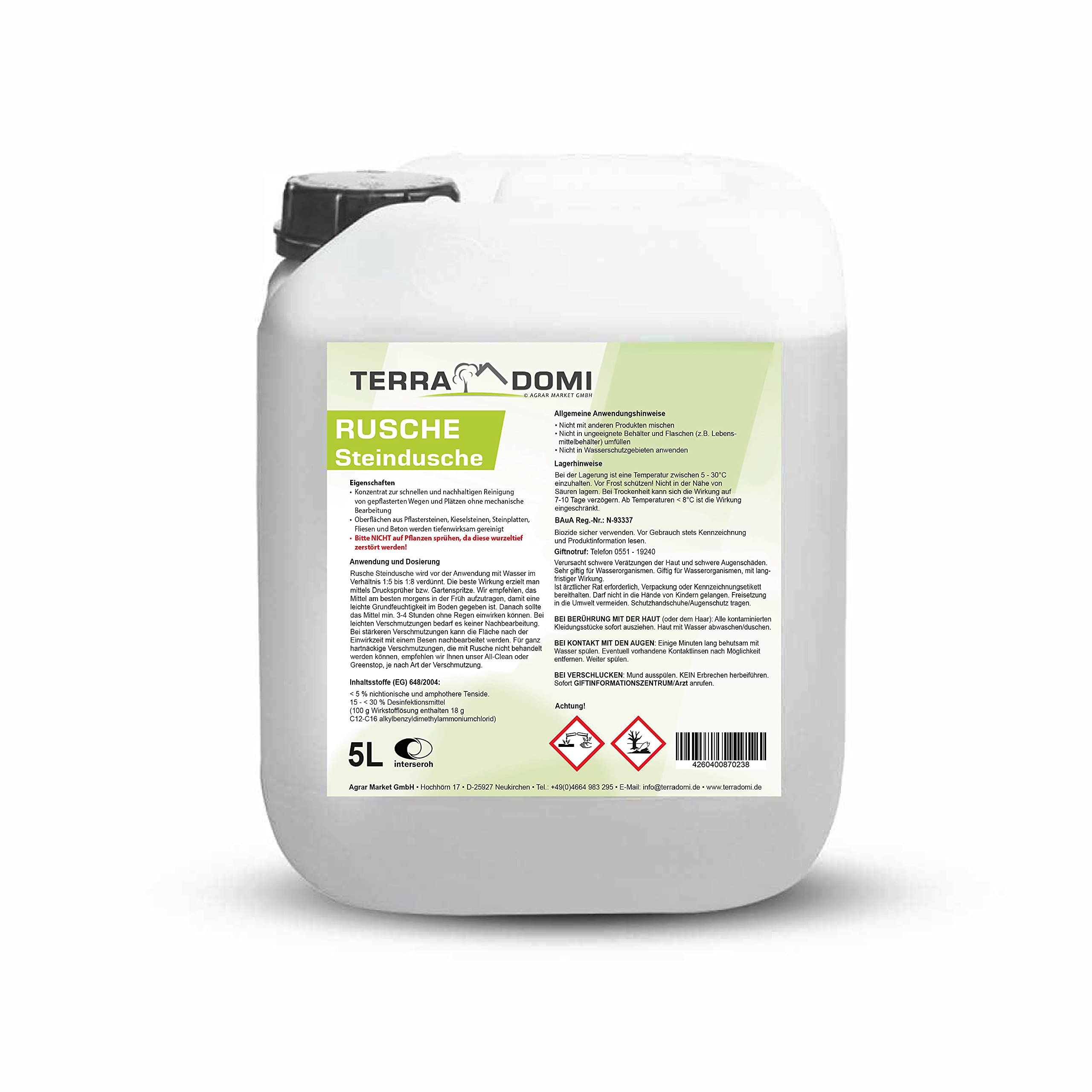 Terra Domi Rusche Steindusche, 5 Liter Konzentrat, Steinreiniger für bis zu 2000 m², Reinigungsmittel für saubere Wege & Plätze, biologisch abbaubar, ohne Glyphosat