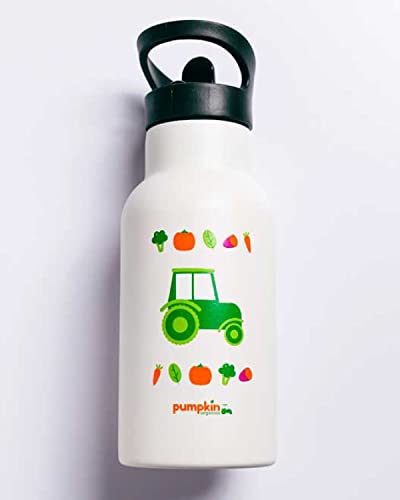 Pumpkin Organics Kinder Edelstahl Trinkflasche - auslaufsicher - 12+ Std. warm/kalt - inklusive 2 Trinkverschlüssen - inklusive Reinigunsbrüste - ab 3+ Jahren - 350ml - 1 Stück