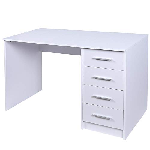 BAKAJI Schreibtisch mit Kommode 4 Schubladen Tisch PC Computer Holz Weiß, Verbundholz Metall, Standard