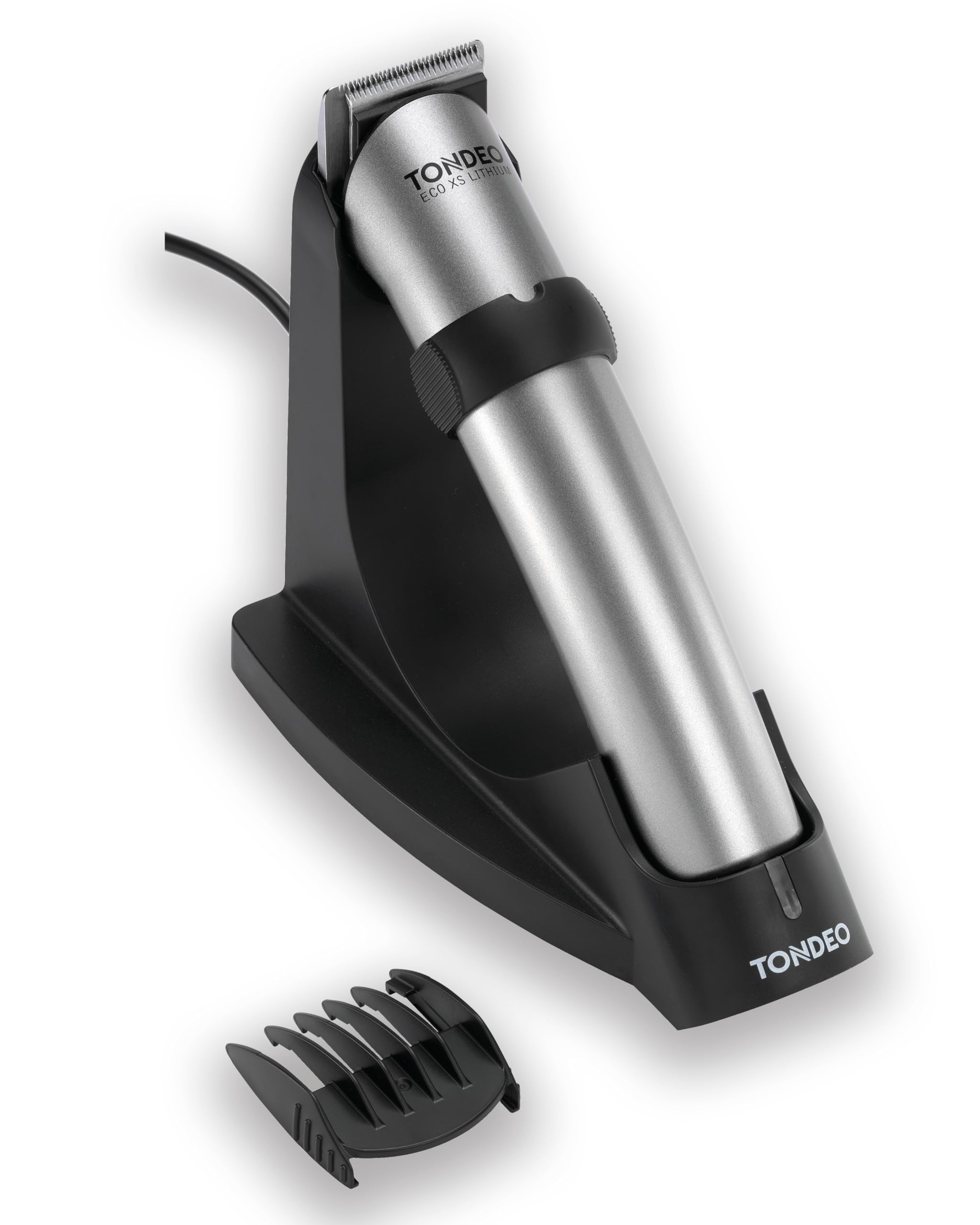 TONDEO Haarschneidemaschine ECO XS LITHIUM SILVER | Barttrimmer Herren inklusive Ladestation und Aufsteckkamm für 5 verschiedene Schnittlängen | Haarschneider für Bart und Konturen