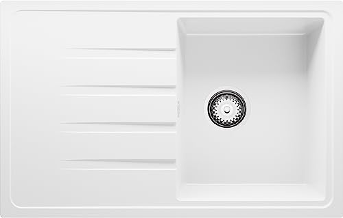 Spülbecken Weiß 78x50 cm, Granitspüle + Ablauf-Set, Küchenspüle für 45er Unterschrank, Einbauspüle von Primagran