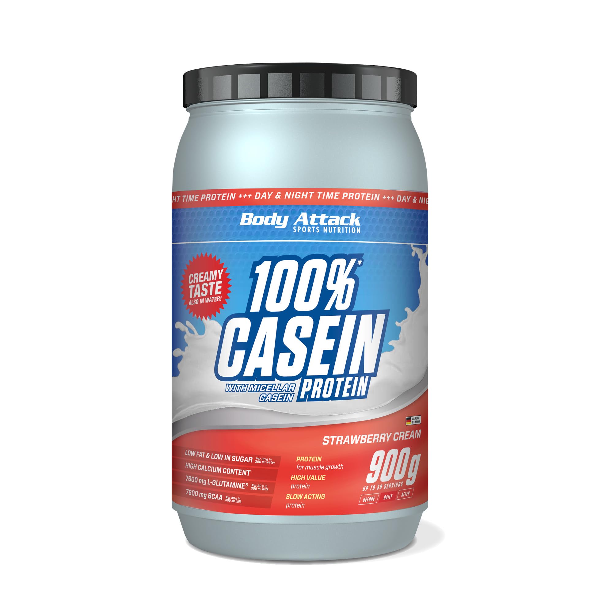 Body Attack 100% Casein Protein Strawberry Cream, 1er Pack (1 x 900 g)