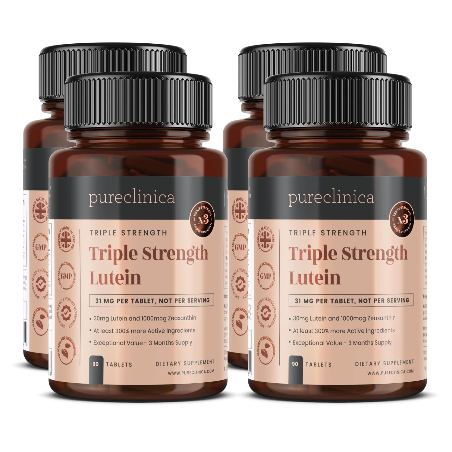 Pureclinica Lutein mit dreifacher Stärke, 30 mg x 360 Tabletten (4 Flaschen mit 90 Stück), 30 mg Lutein und 1000 mcg Zeaxanthin pro Tablette