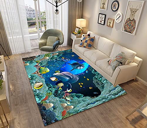 3D Ozean Tier Teppich Kinder Junge Erwachsene Schlafzimmer Dekoration,Meeresschildkröte Tintenfisch Delfin Motiv Modern rutschfest Flanell Kinderteppiche (Farbe 4, 100×100 cm)
