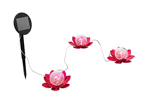 Solar Lotusblüte für außen aus Metall mit Bruchglaskugel, warm-weiße LED Beleuchtung, verschiedene Ausführungen, toller Lichteffekt, Gartendeko in Seerosen-Optik (3er Set Bodenlichterkette)