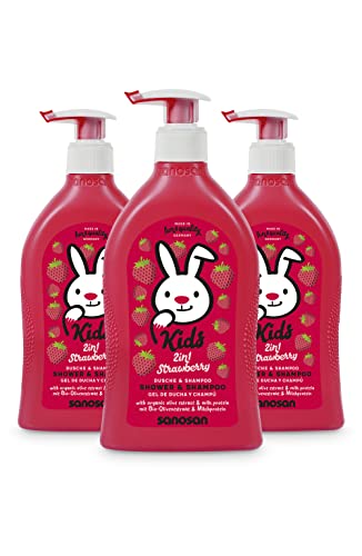 sanosan 2in1 Dusche & Shampoo Erdbeere für Kinder & Baby 3x 400 ml - Duschgel & Haarshampoo mit Bio Olivenextrakt & Milchprotein - Haarpflege, Hautpflege, Shower Gel, Haar Shampoo