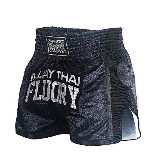 FLUORY Muay Thai-Shorts, Größe: XS, S, M, L, XL, 2XL, 3XL, 4XL, Boxshorts für Herren/Damen/Kinder in vielen Farben, Mtsf69black, X-Klein