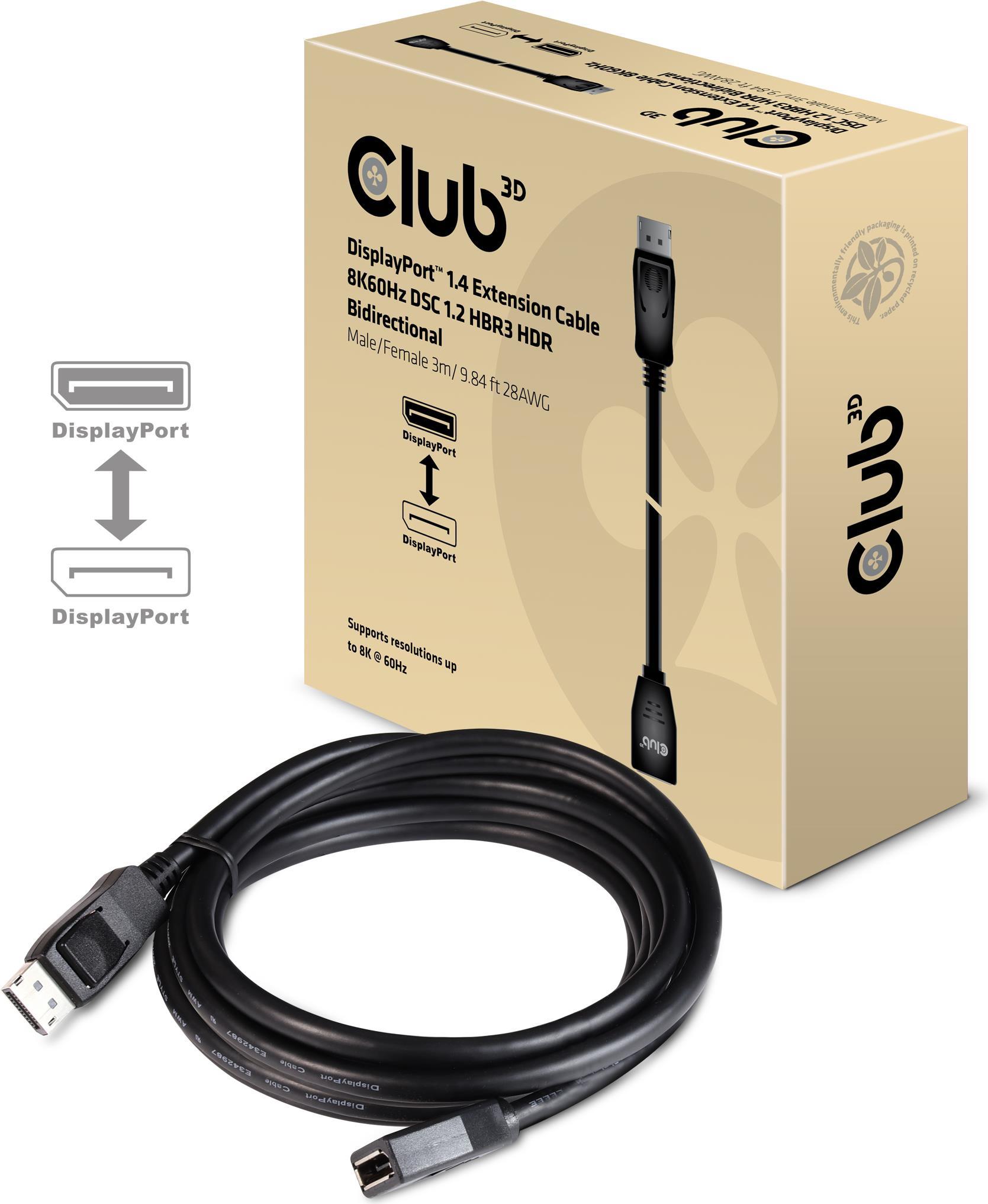 Club 3D DisplayPort 1.4 Verlängerungskabel 8K60Hz DSC1.2 HBR3 HDR Bidirektional Stecker/Buchse 3m