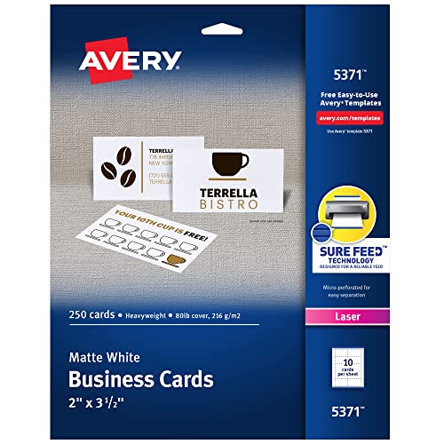 Avery Bedruckbare Visitenkarten, Laserdrucker, 250 Karten, 2 x 3,5 (5371)