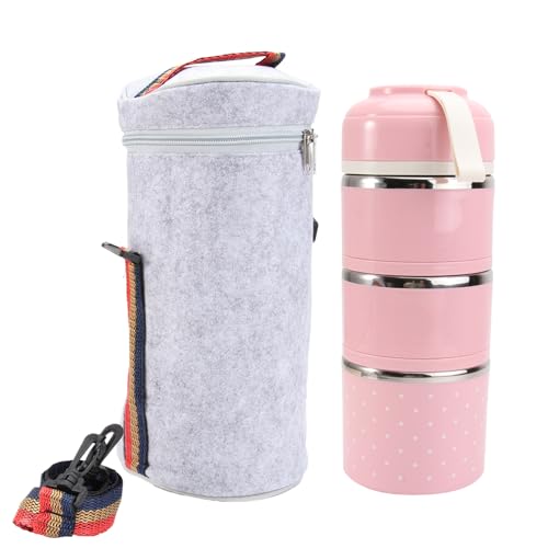 BESTonZON Edelstahl Thermo-Lunchbox 3 Etagen Isolierte Lebensmittelbehälter Lebensmittelbehälter Lebensmittelbehälter mit Seilgriff Tasche für Kinder Erwachsene Camping Picknick Reisen (Pink)