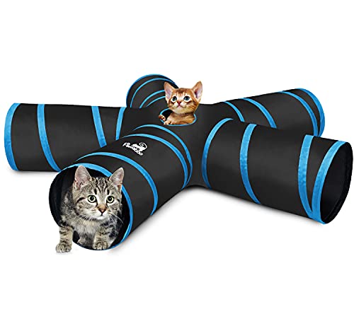 Pawaboo Katzetunnel, Premium-5-Wege-Tunnel Erweiterbar Zusammenklappbar Katzen Spielzeug Maze versetzte Tunnel Katzen Spielzeug mit Pompon und Bells für Kätzchen Kaninchen, Schwarz & Hellbalu