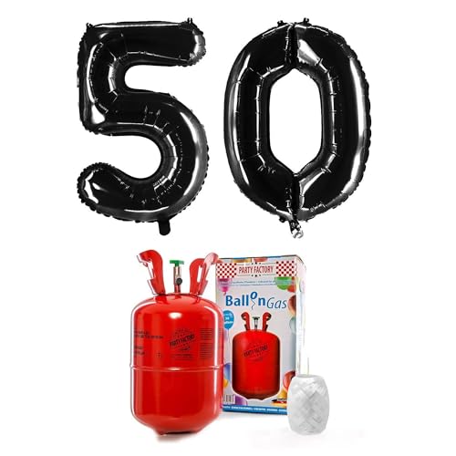 PARTY FACTORY Helium Set "50" mit XXL Zahlenballons, Ballongas und Ballonschnur - für Geburtstag, Jubiläum, Jahrestag; Gold, Silber, Schwarz, Pink, Rosa, Rosagold, Bunt (Schwarz)